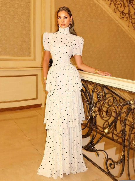 Aurohaya Retro Princess Multi-Layer Maxi Cake Dress White Polka Dots