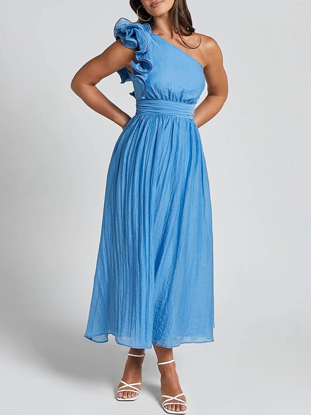 Aurohaya Unique Romantic Seaside One Shoulder Frill Detail Sleeve Layered Midi Dress