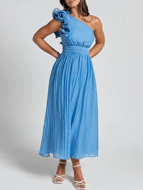 Aurohaya Unique Romantic Seaside One Shoulder Frill Detail Sleeve Layered Midi Dress