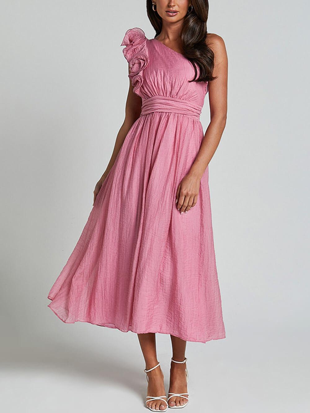 Aurohaya Unique Romantic Seaside One Shoulder Frill Detail Sleeve Layered Midi Dress Pink