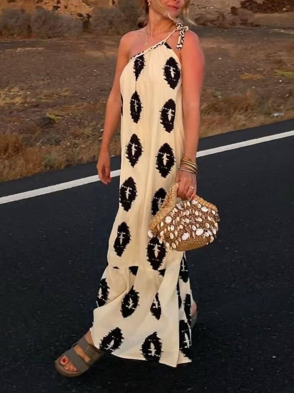 Aurohaya Sunshine Ethnic Print One Shoulder Loose Maxi Dress