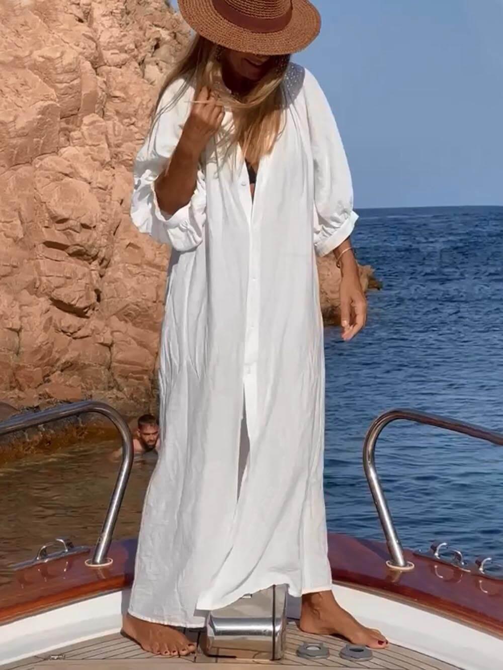 Aurohaya Balloon Sleeve Button Pocketed Loose Shirt Maxi Dress White