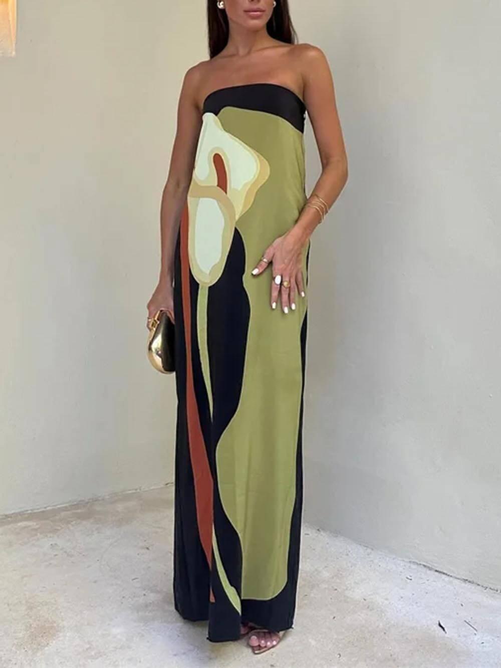 Aurohaya Fashion Contrast Sleeveless Off Shoulder Printed Maxi Dress Green
