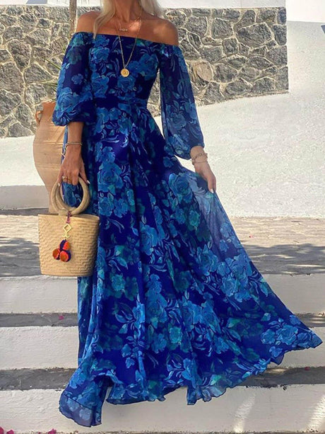 Aurohaya Foral Off Shoulder Back Smocked Vacation Maxi Dress Blue