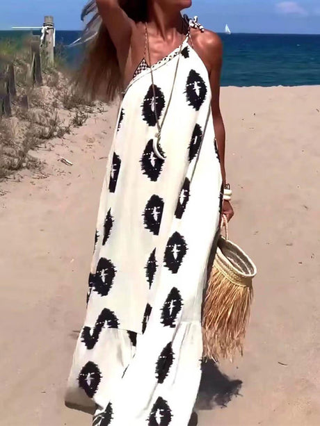 Aurohaya Sunshine Ethnic Print One Shoulder Loose Maxi Dress