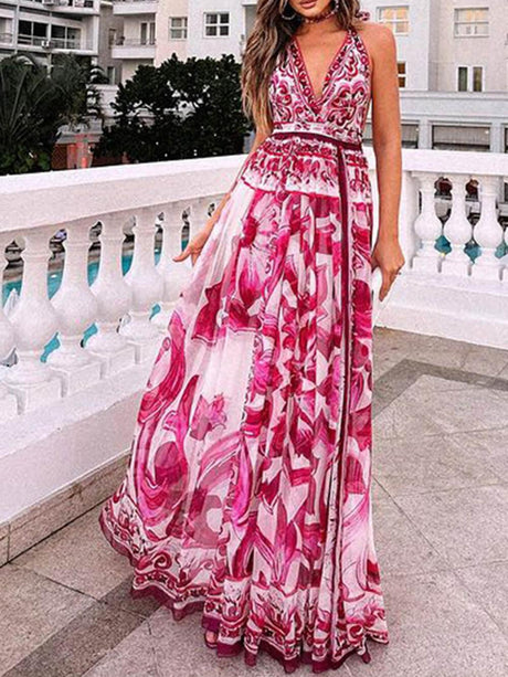Aurohaya Halter Neck Backless Printed Fashionable Maxi Dress