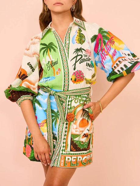 Aurohaya Casual Unique Printed Shirt Cardigan Dress Multicolor