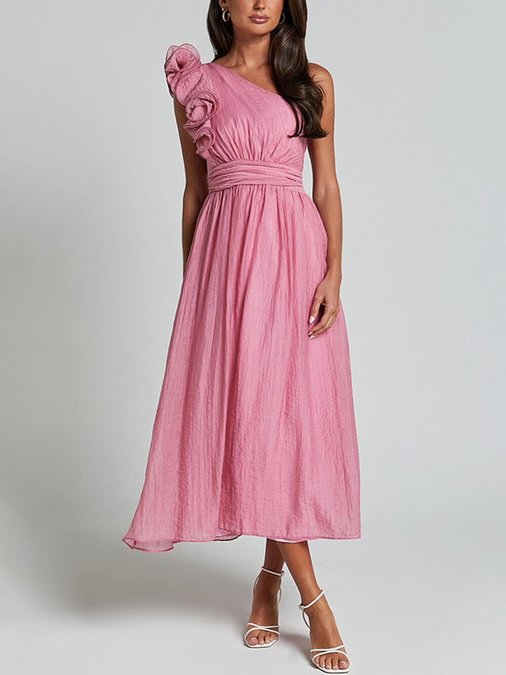 Aurohaya Unique Romantic Seaside One Shoulder Frill Detail Sleeve Layered Midi Dress