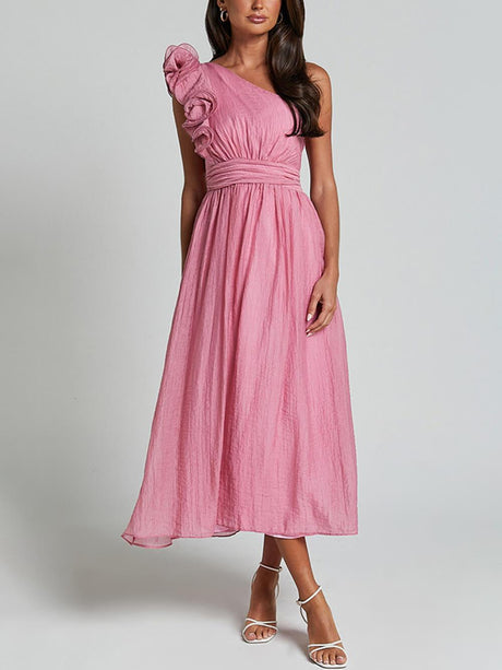 Aurohaya Unique Romantic Seaside One Shoulder Frill Detail Sleeve Layered Midi Dress