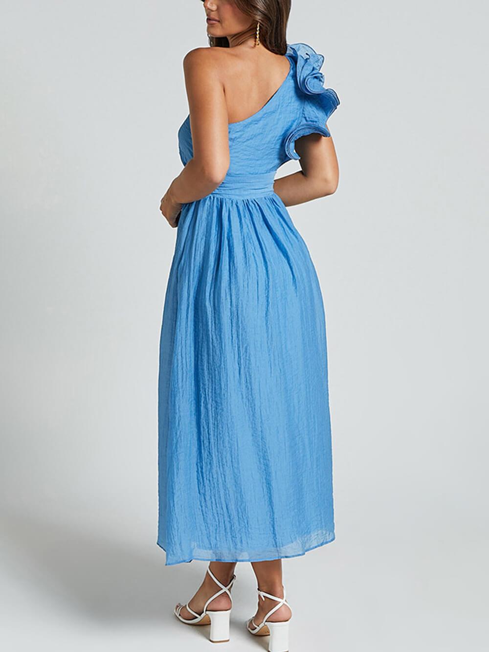 Aurohaya Unique Romantic Seaside One Shoulder Frill Detail Sleeve Layered Midi Dress