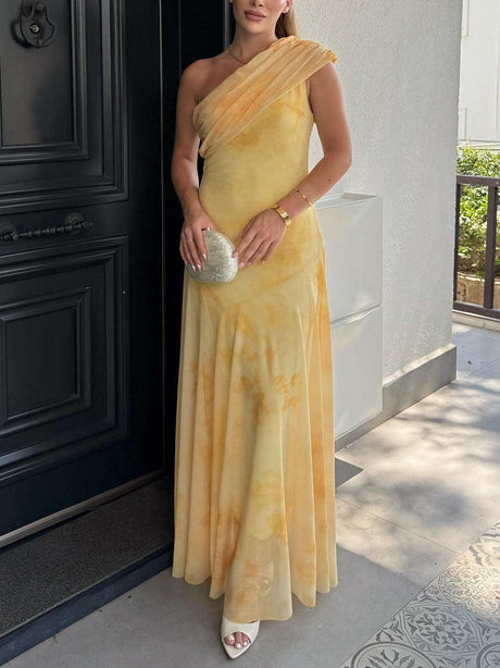 Aurohaya Tie-Dye Mesh Print One-Shoulder Sleeve Maxi Dress Yellow