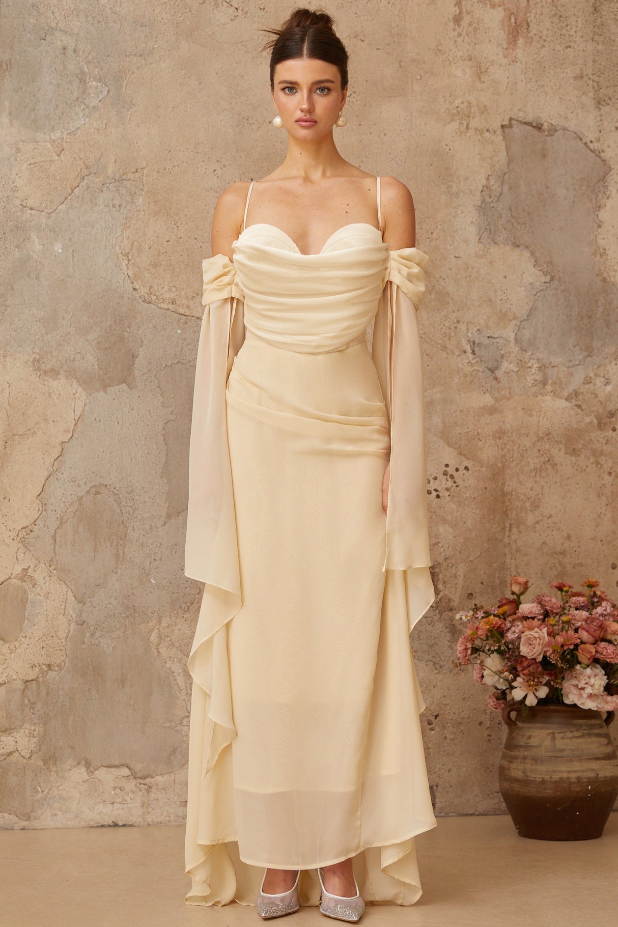 Aurohaya Mélusine Neutral Ruched Chiffon Maxi Dress