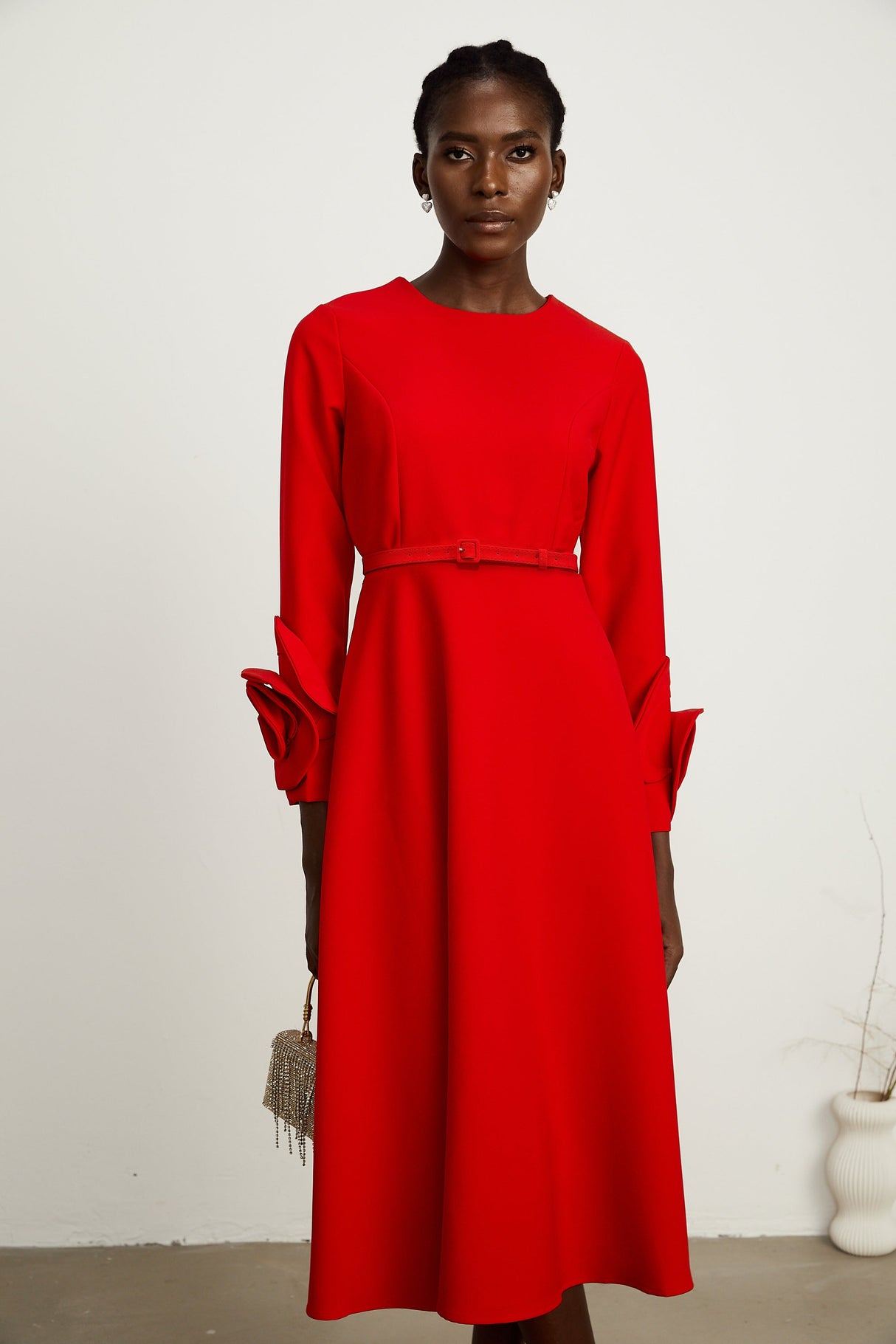Aurohaya Elysia floral-embellished red long-sleeve dress