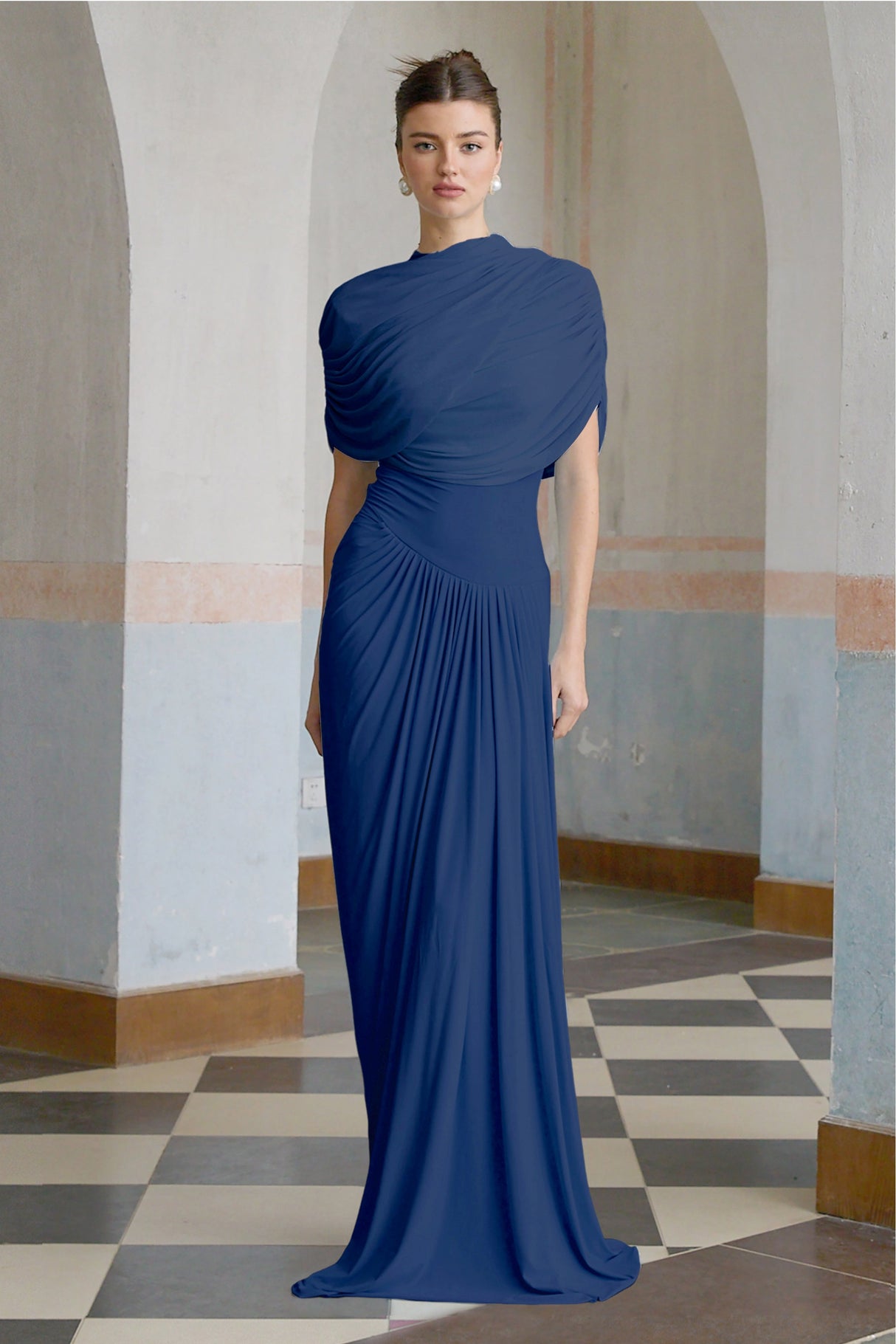 Aurohaya Catherine asymmetrical pleated maxi dress in Navy-blue