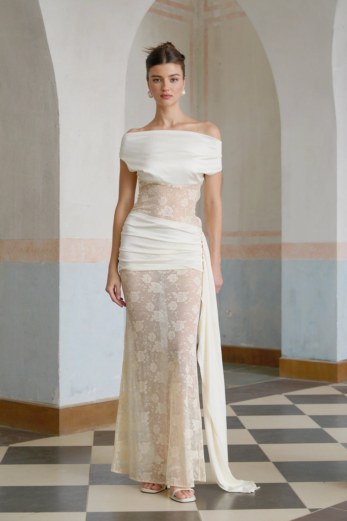 Aurohaya Lilou neutrals ribbon panelled floral-lace maxi dress