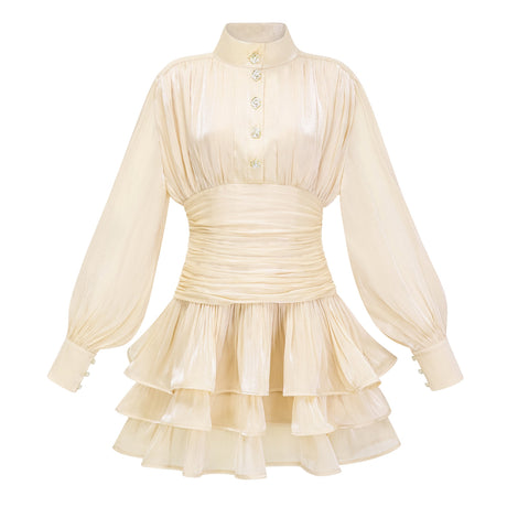Aurohaya Emersyn Neutrals High-Neck Ruffled Detail Mini Dress