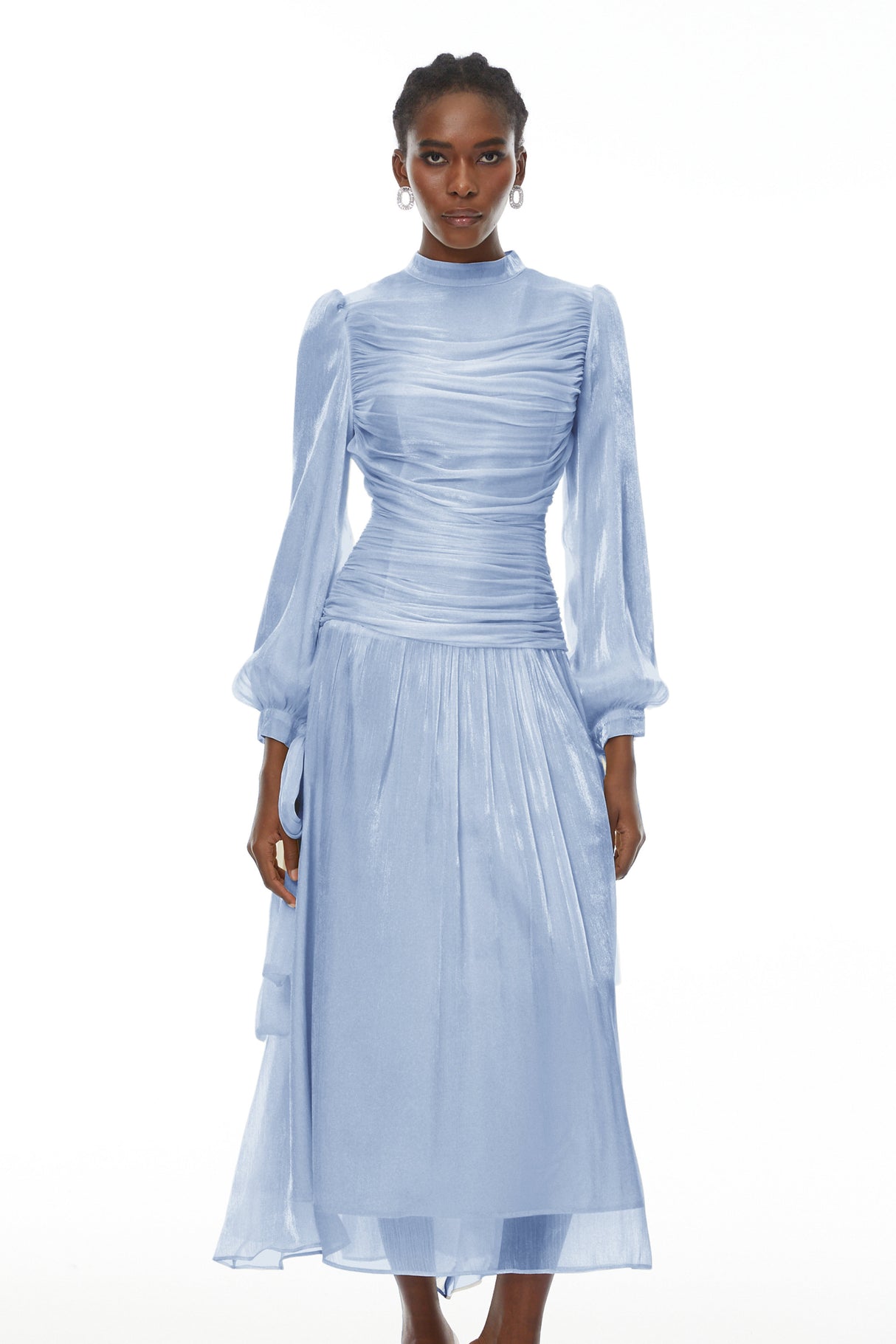 Aurohaya Katrín Blue Glossy Gathered Maxi Dress
