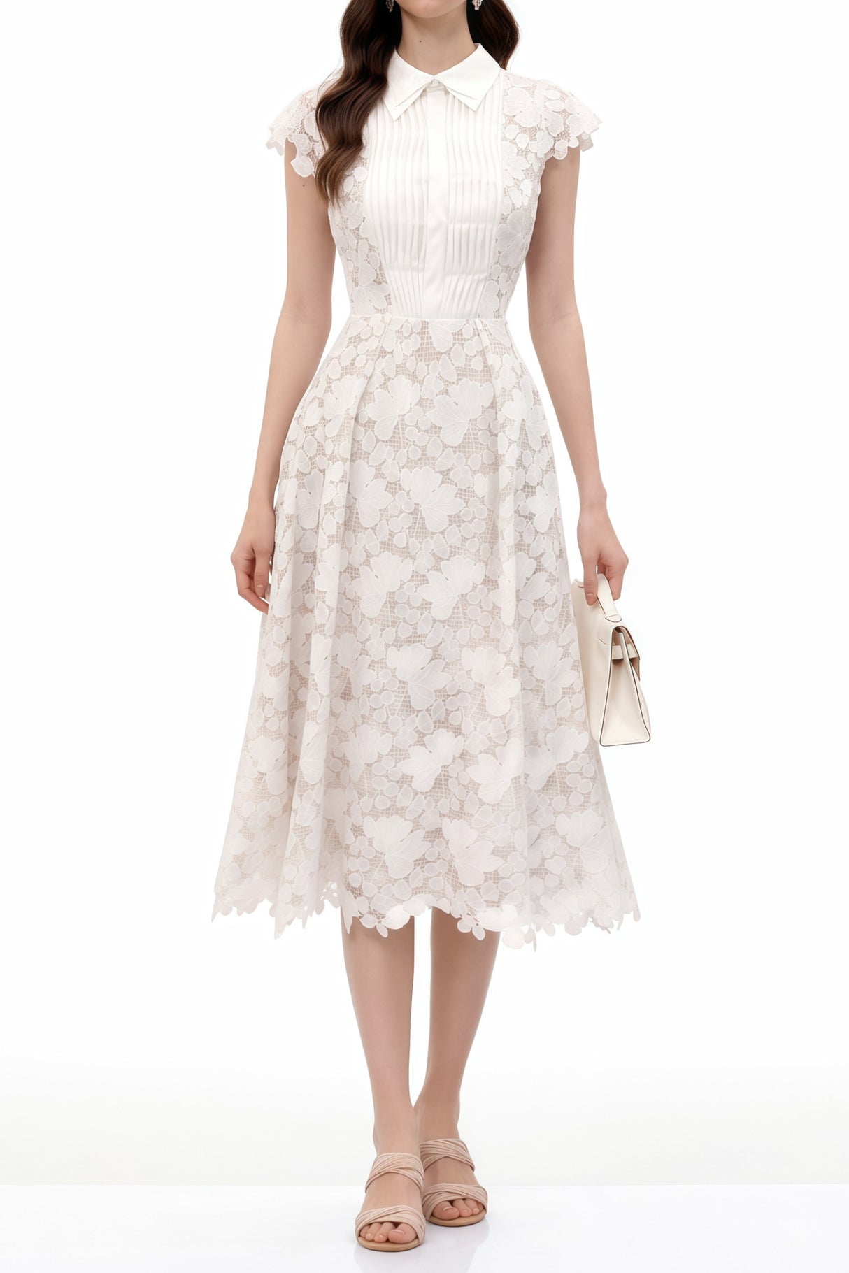 Aurohaya Mckensie White Midi Dress with Floral Appliqué