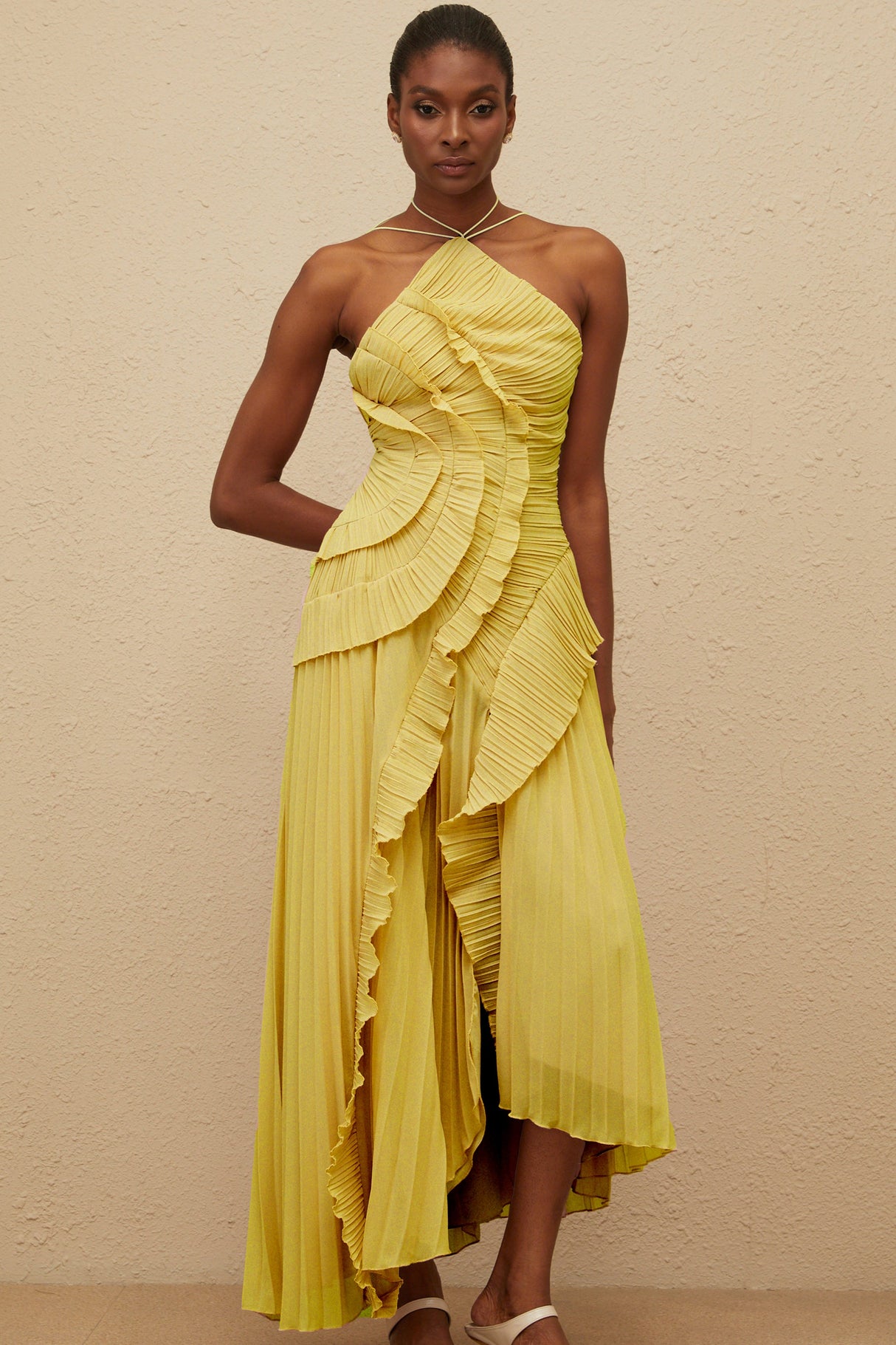 Aurohaya Doux Yellow Ruffled Trim Pleated Midi Dress