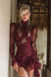 Aurohaya Théa Burgundy Asymmetrical Ruched Mini Dress Red