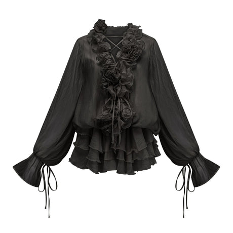 Aurohaya Zéphyrine floral-appliqué tiered mini dress in Black