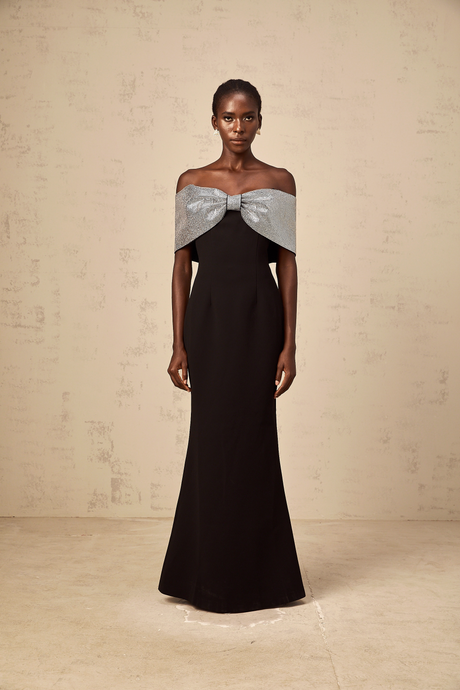 Aurohaya Chloé black rhinestone-bow off-shoulder maxi dress