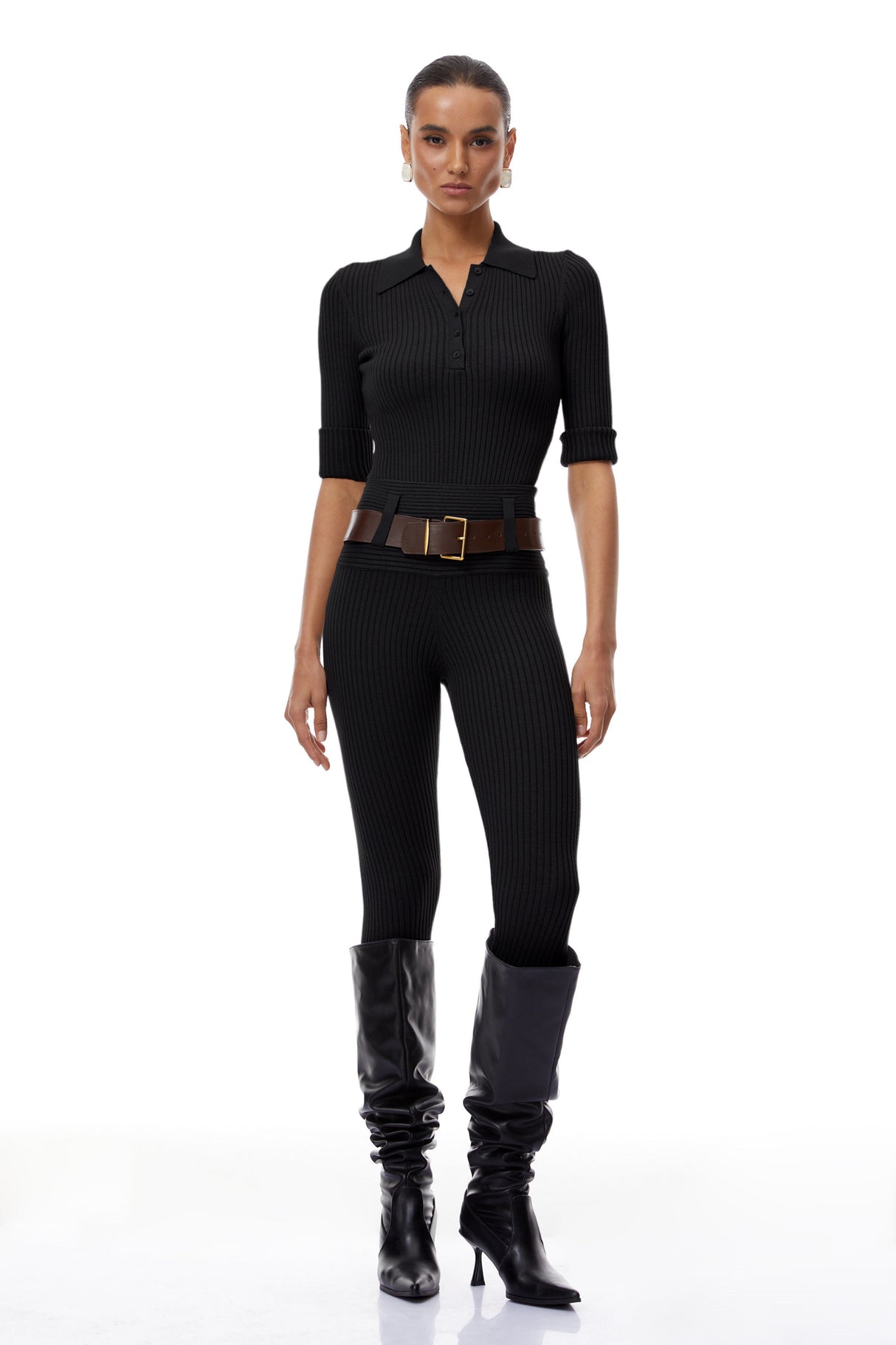 Aurohaya Claire Black Ribbed Knit Bodysuit & Trousers Set