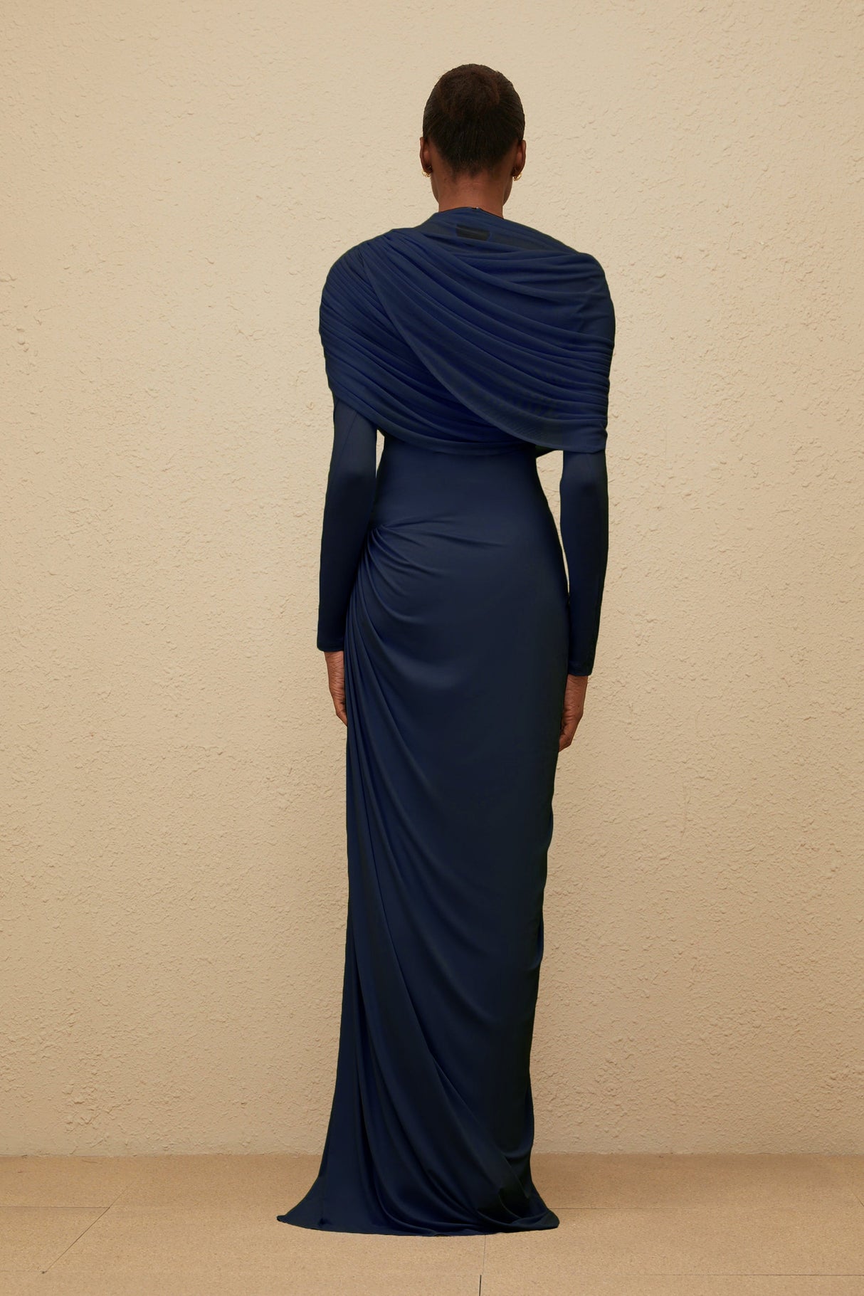 Aurohaya Catherine Navy-Blue Asymmetrical Pleated Long-Sleeve Maxi Dress