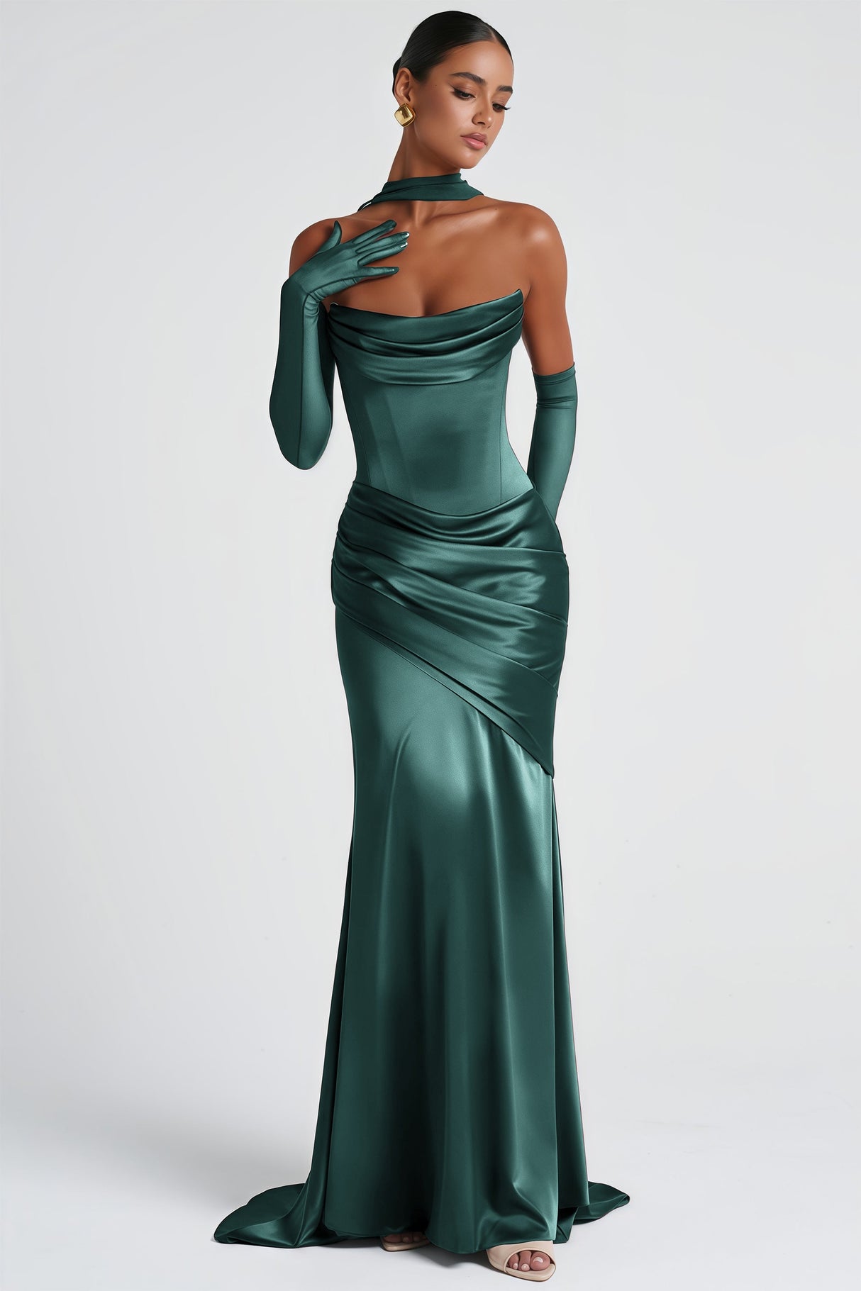 Aurohaya Marilou Green Ruched Satin Maxi Dress
