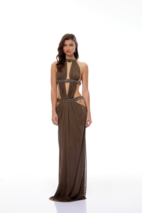 Aurohaya Maëlle Brown Cut-out Ruched Maxi Dress
