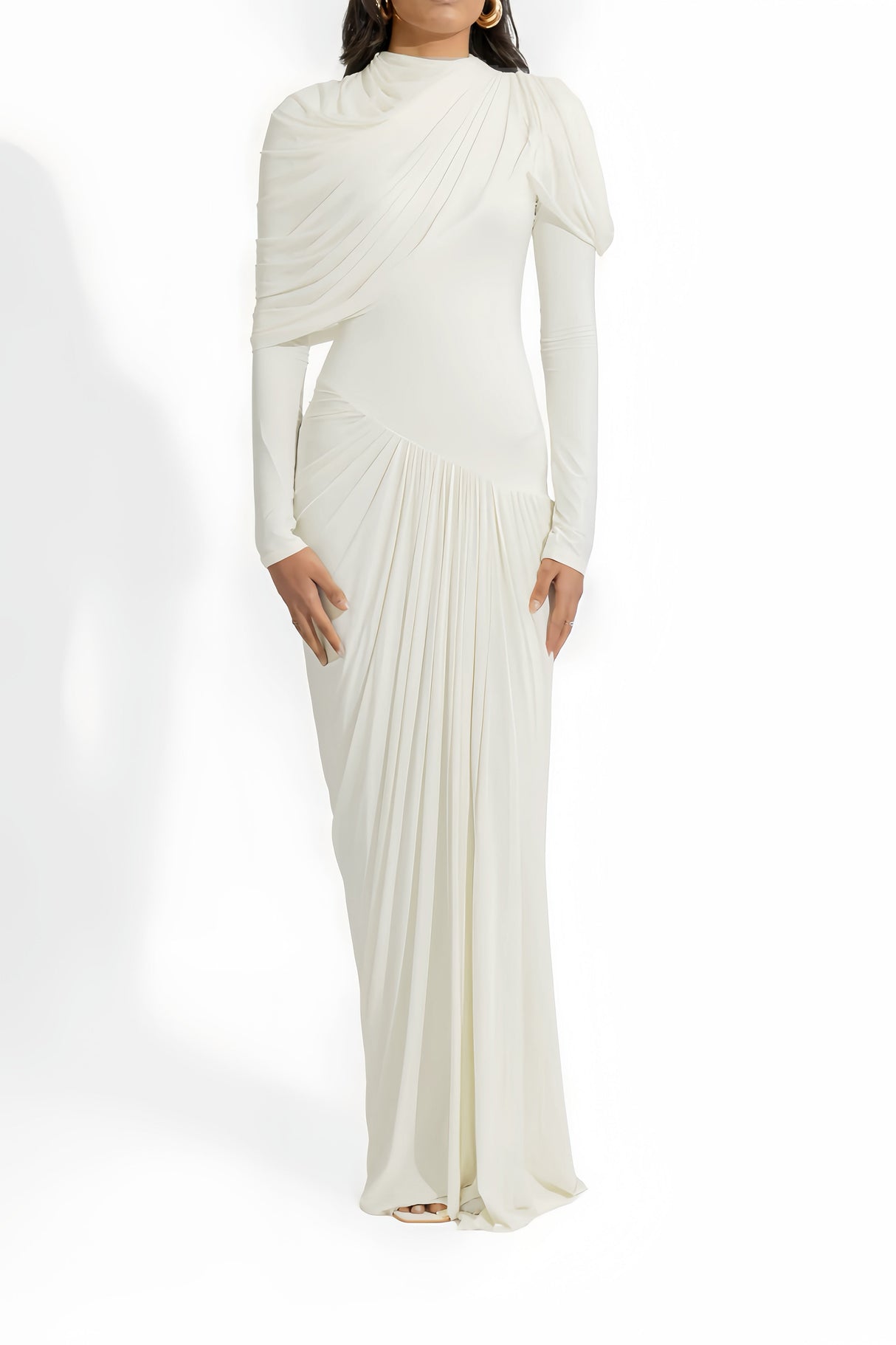 Aurohaya Bronwyn White Draped Pleated Asymmetrical Maxi Dress