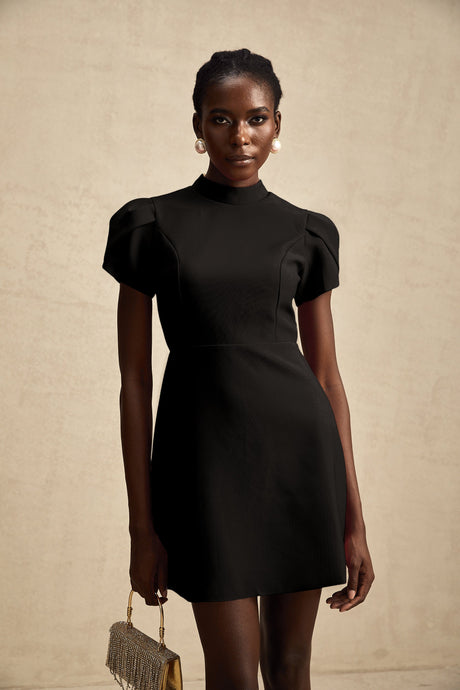 Aurohaya Anna Black Petal-Sleeve Cut-Out Bow Mini Dress