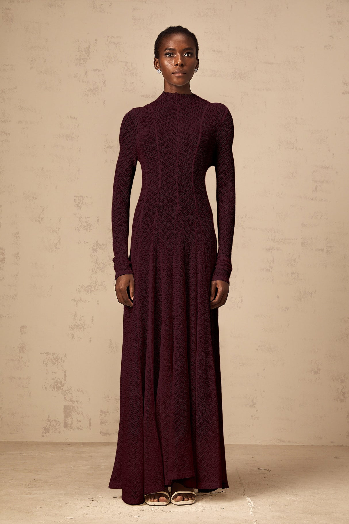 Aurohaya Athena wavy-pattern lace maxi dress in Red