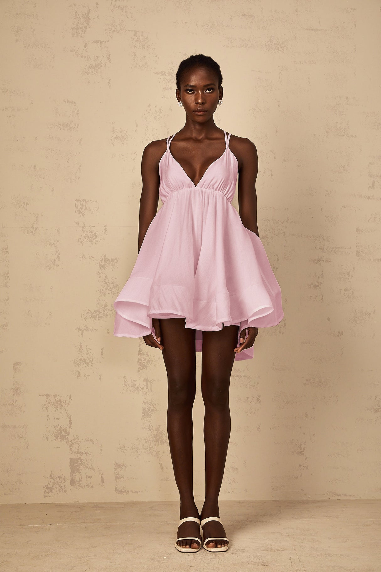 Aurohaya Quincie Pink Shirred Flounced Mini Dress