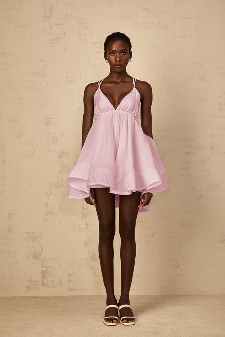 Aurohaya Quincie Pink Shirred Flounced Mini Dress