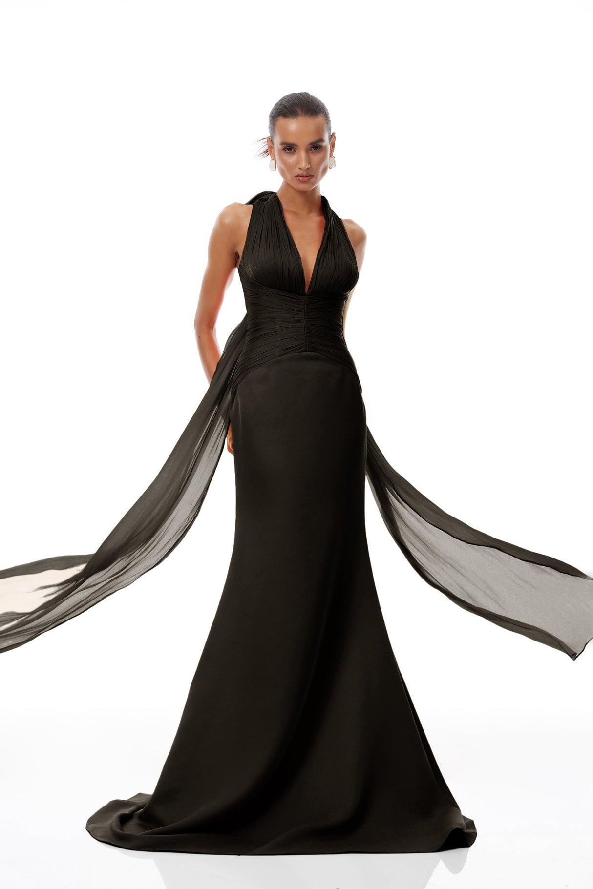 Aurohaya Emmeline Black Train Design Gathered Maxi Dress