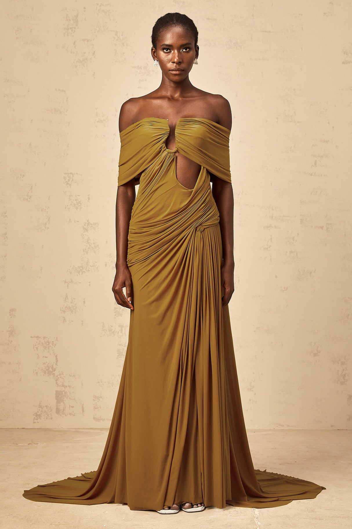 Aurohaya Ludivine ocher off-shoulder cut-out ruched maxi dress