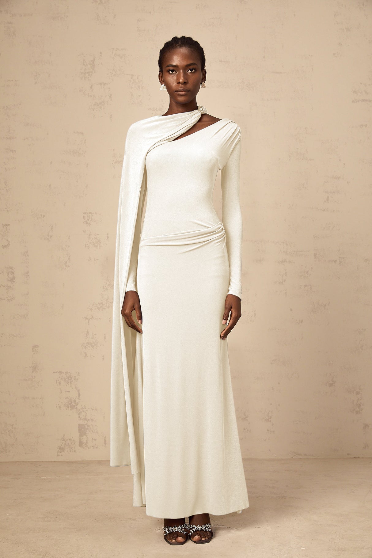 Aurohaya Josette White Diagonal Shawl Fitted Maxi Dress
