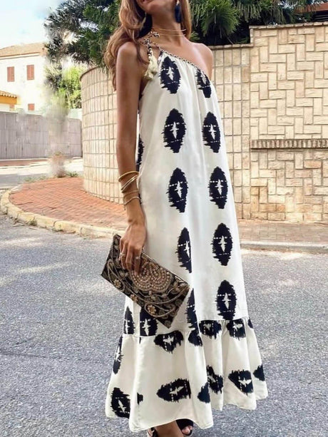 Aurohaya Sunshine Ethnic Print One Shoulder Loose Maxi Dress