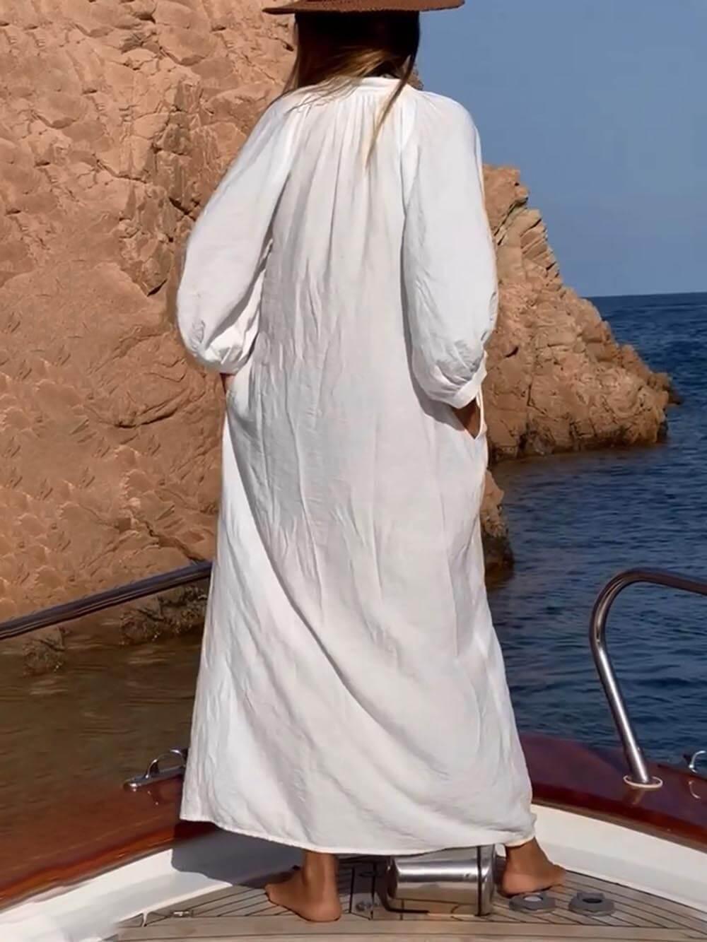 Aurohaya Balloon Sleeve Button Pocketed Loose Shirt Maxi Dress