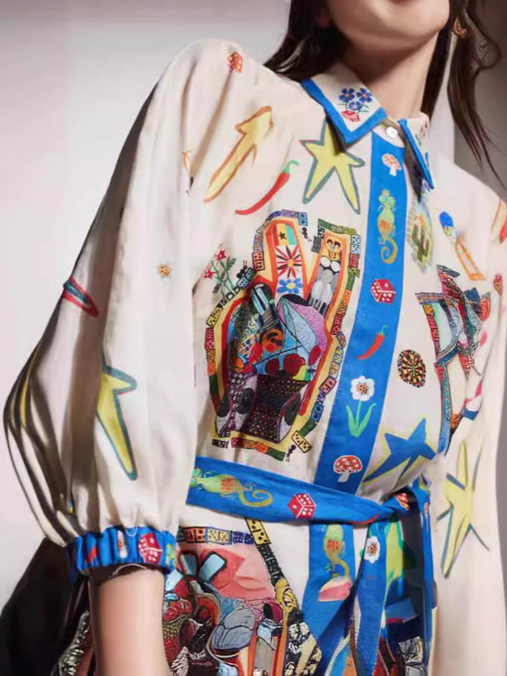 Aurohaya Temperament Peplum Printed Cardigan Dress