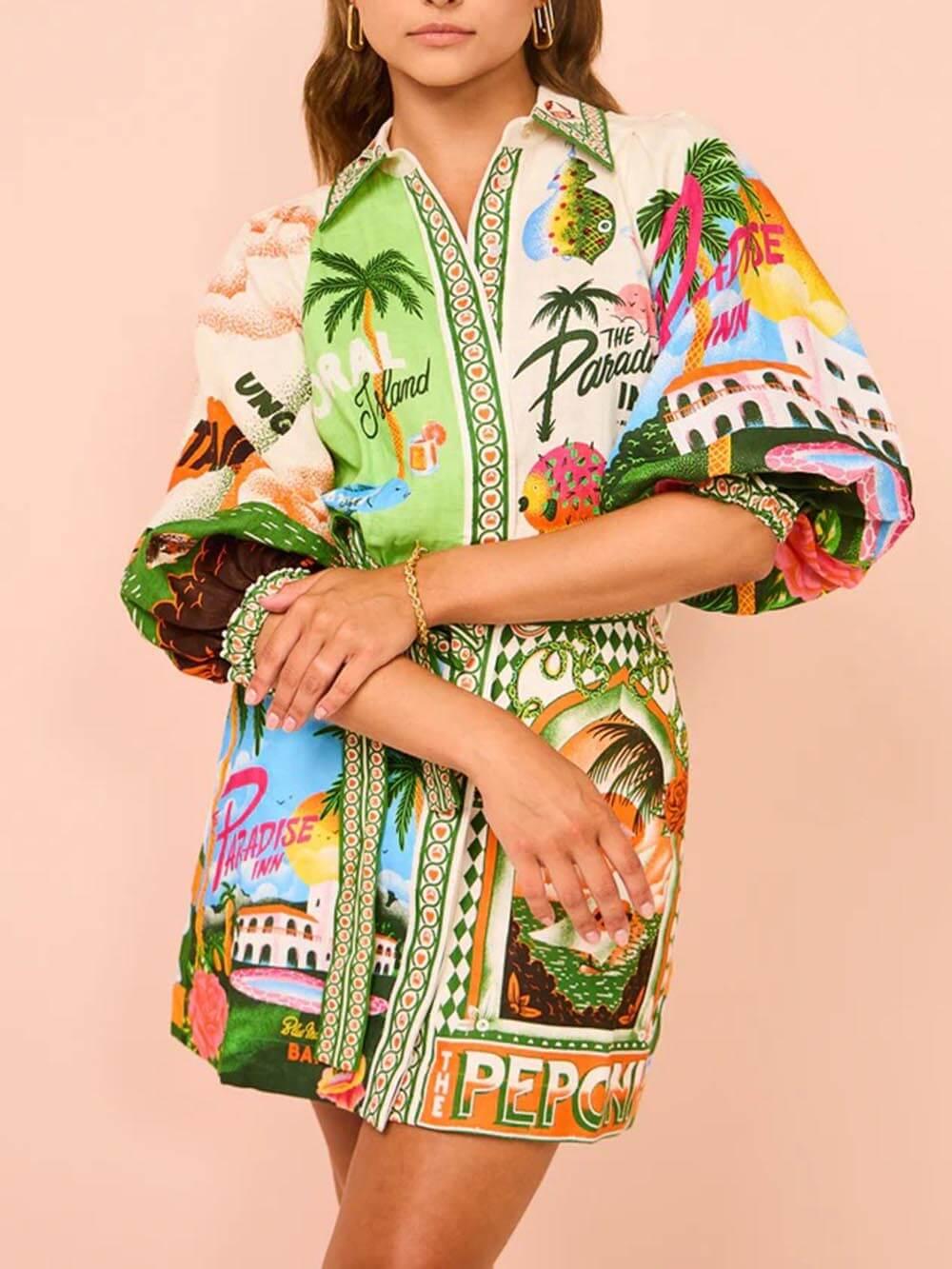 Aurohaya Casual Unique Printed Shirt Cardigan Dress