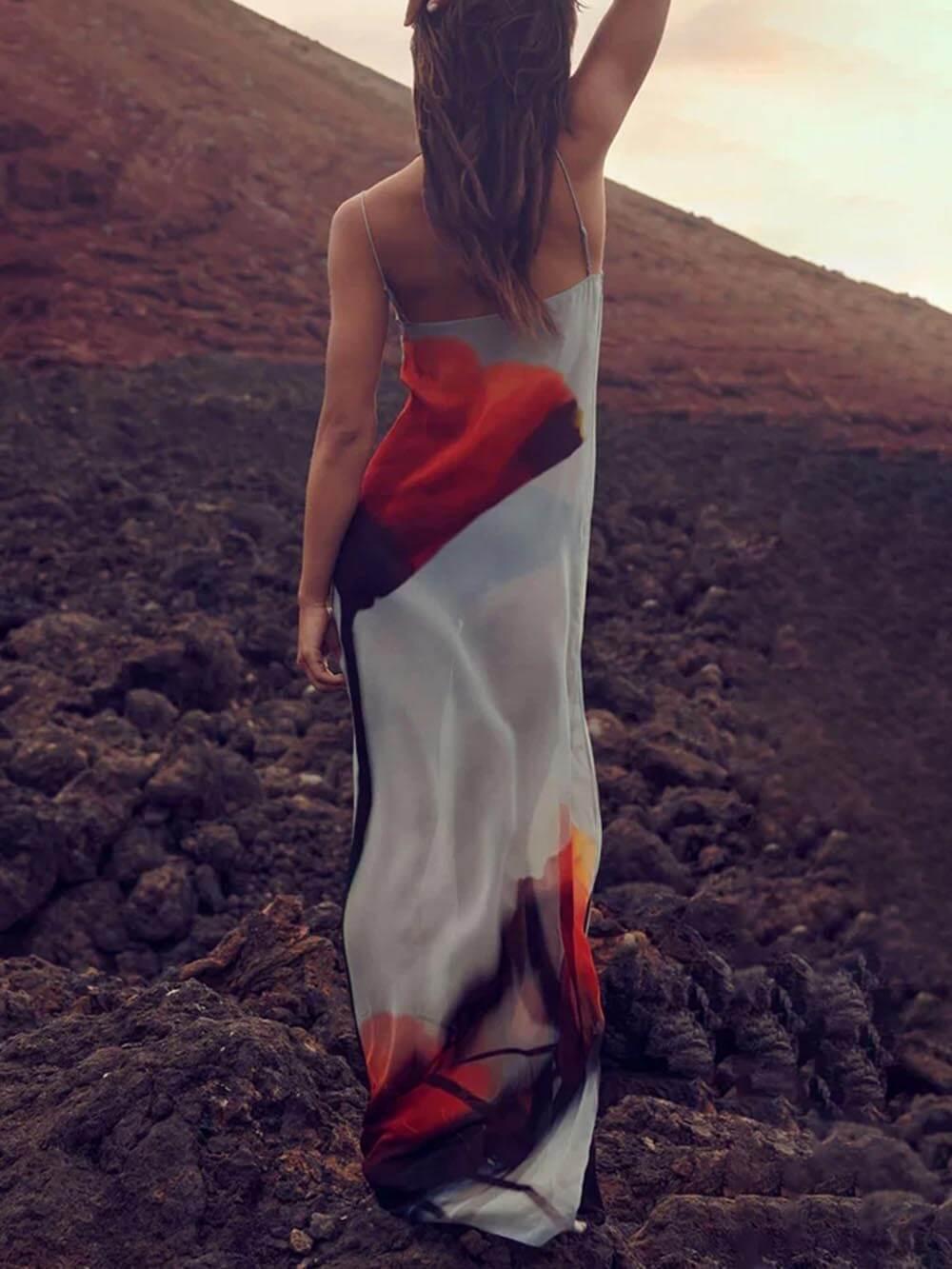 Aurohaya Vacation Abstract Tulip Print Slip H-Line Maxi Dress