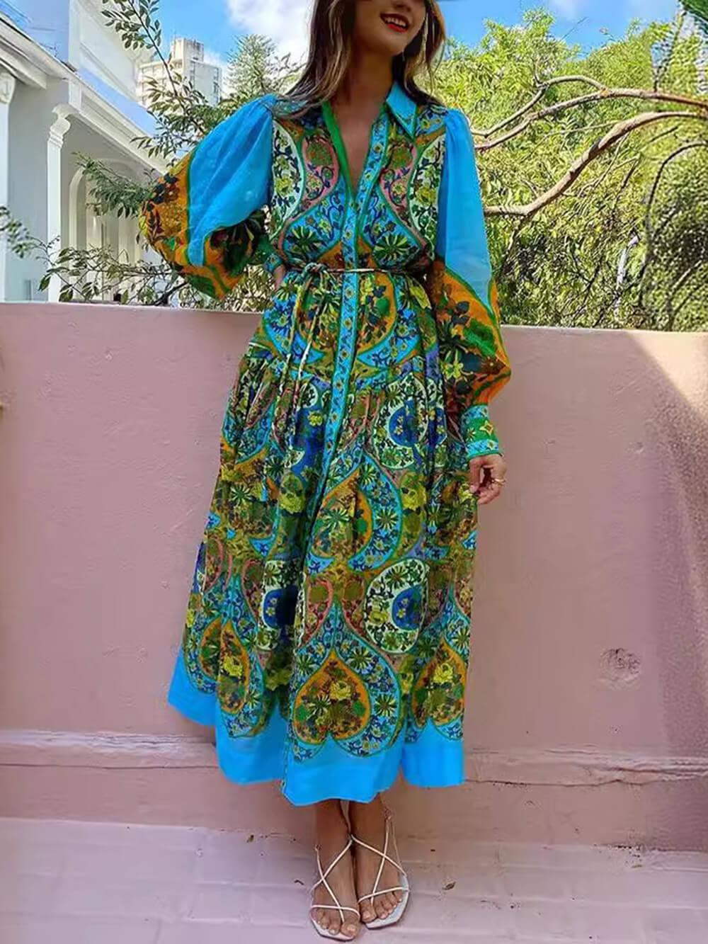 Aurohaya Ethnic Print Cardigan Lace-Up Lapel Long-Sleeved Dress Multicolor