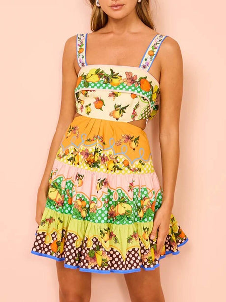 Aurohaya Summer MulticolorLemon Preated Hem Mini Dress Multicolor