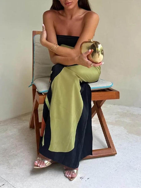 Aurohaya Fashion Contrast Sleeveless Off Shoulder Printed Maxi Dress