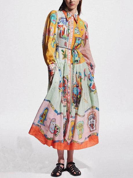 Aurohaya Unique Print Colorblock Balloon Sleeve Belt Shirt Midi Dress Multicolor