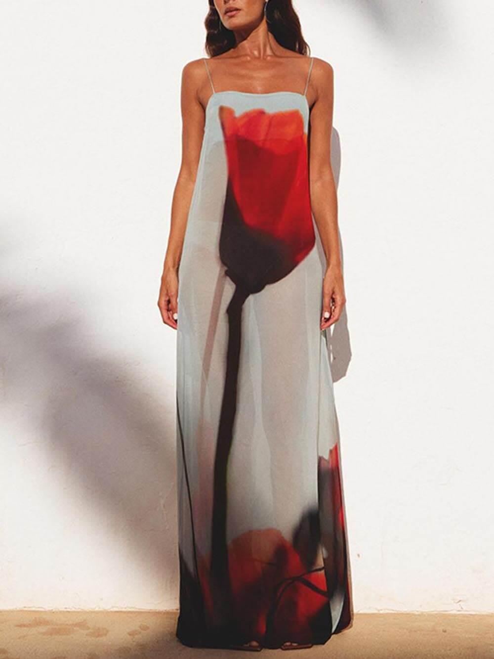 Aurohaya Vacation Abstract Tulip Print Slip H-Line Maxi Dress