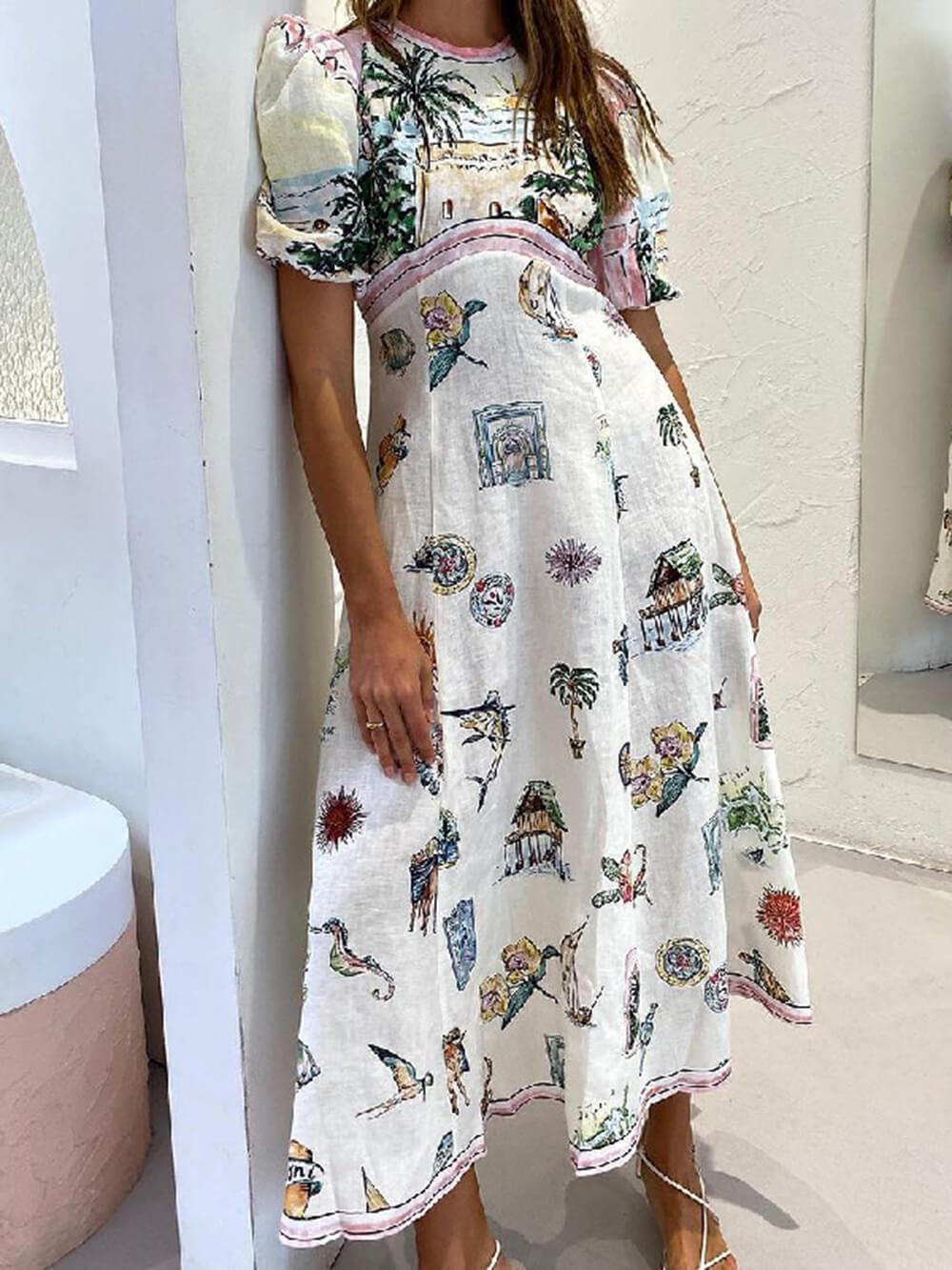 Aurohaya Feature Printed Ethnic Style Round Neck Midi Dress