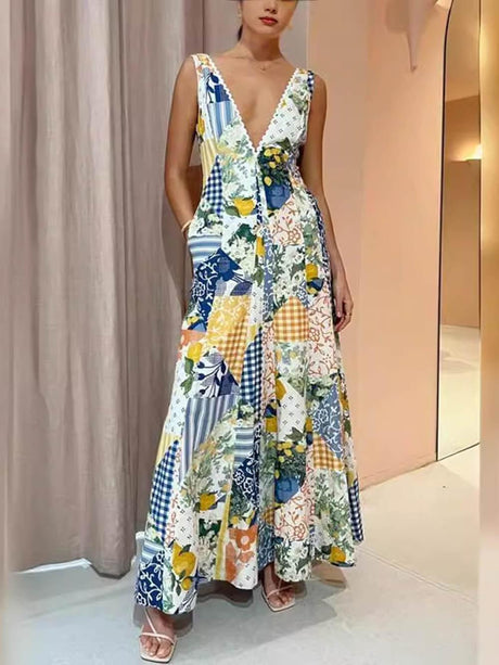 Aurohaya Casual Printed Sleeveless Large V-Neck Dress Multicolor